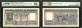 BELGIUM. Banque Nationale de Belgique. 1000 Francs, 1944-46. P-128b. PMG Gem Uncirculated 65 EPQ.
Excellent centering scene on this 1944 1000 Franc, ...