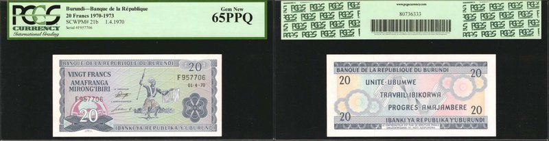BURUNDI. De la République. 20 Francs, 1970-73. P-21b. PCGS Currency Gem New 65 P...