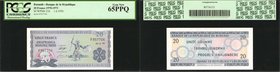BURUNDI. De la République. 20 Francs, 1970-73. P-21b. PCGS Currency Gem New 65 PPQ.
A richly inked dark blue border design is seen on this ornate Gem...