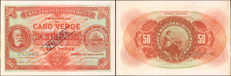 CAPE VERDE. Banco Nacional Ultramarino. 50 Escudos, 1921. P-37s. Specimen. Uncir...