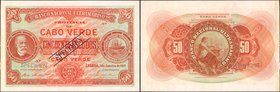CAPE VERDE. Banco Nacional Ultramarino. 50 Escudos, 1921. P-37s. Specimen. Uncirculated. Previously Mounted.
Specimen overprints and perforations. A ...