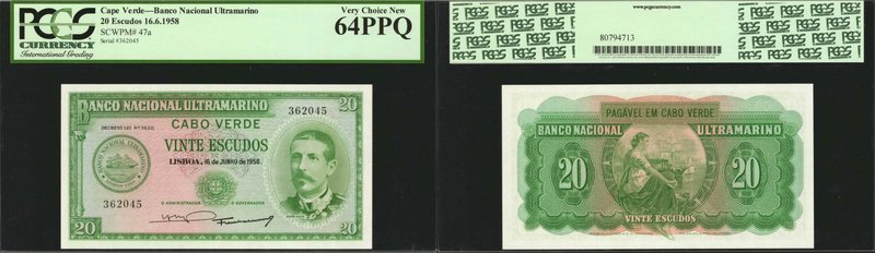 CAPE VERDE. Banco Nacional Ultramarino. 20 Escudos, 1958. P-47a. PCGS Currency V...
