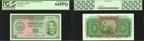 CAPE VERDE. Banco Nacional Ultramarino. 20 Escudos, 1958. P-47a. PCGS Currency Very Choice New 64 PPQ.
A nicely centered design seen with Serpa Pinto...
