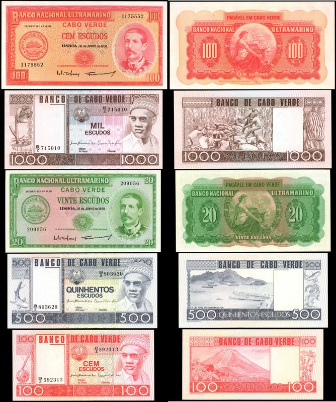 CAPE VERDE. Mixed Banks. 20 to 1000 Escudos, 1958-77. P-47, 49, 54, 55, 56. Abou...