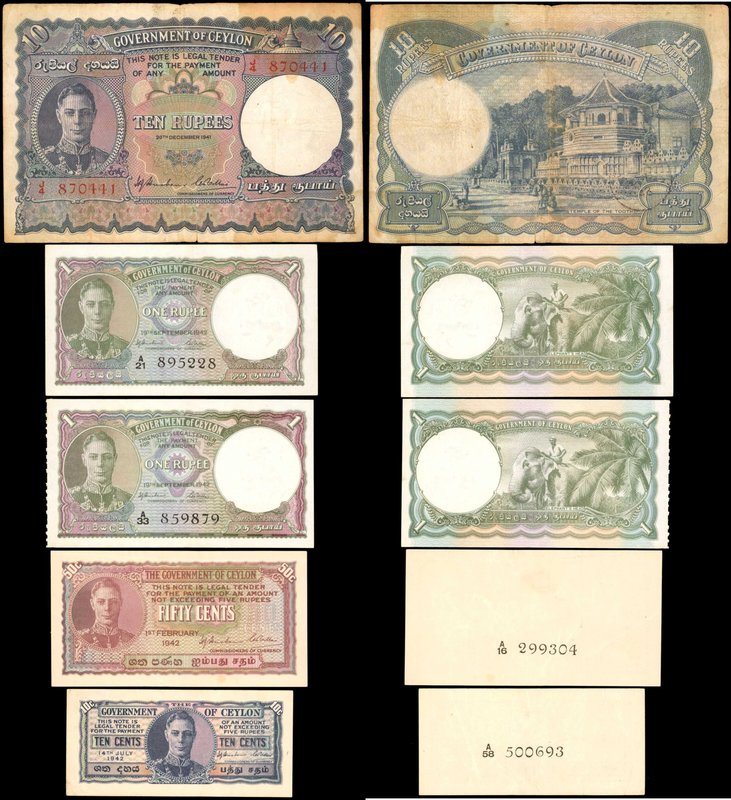 CEYLON. Government of Ceylon. 10 & 50 Cents, 1 & 10 Rupees, Mixed Dates. P-34, 3...