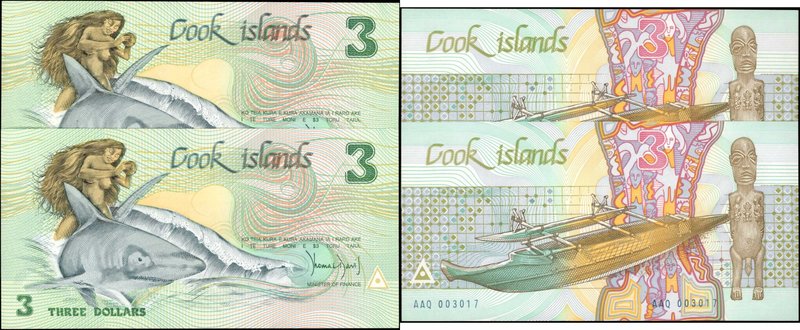 COOK ISLANDS. Ministry of Finance. Lot of (2) 3 Dollars, ND (1987). P-3. Choice ...