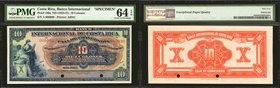 COSTA RICA. Banco Internacional. 10 Colones, ND (1924-27). P-186s. Specimen. PMG Choice Uncirculated 64 EPQ.
A vividly inked design stands out on the...
