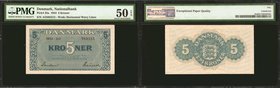 DENMARK. Nationalbank. 5 Kroner, 1944. P-35a. PMG About Uncirculated 50 EPQ & Choice About Uncirculated 58 EPQ.
2 pieces in lot. A nice pair of light...