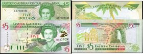 EAST CARIBBEAN STATES. Eastern Caribbean Central Bank. 5 Dollars, ND. P-18m & 37m. Uncirculated.
2 pieces in lot. Lot includes P-18m and P-37m, both ...