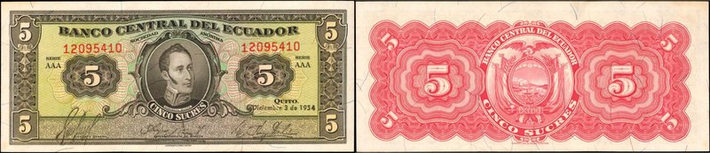 ECUADOR. Banco Central del Ecuador. 5 Sucres, 1954. P-98a. Uncirculated.
A rare...