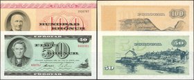 FAEROE ISLANDS. Faeroe Islands Government. 50 & 100 Kronur, 1964-74. P-17a, 18r. Uncirculated.
2 pieces in lot. A lovely pairing of Uncirculated Faer...