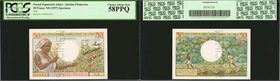 FRENCH EQUATORIAL AFRICA. Institut d'Emission. 50 Francs, ND (1957). P-31s. Specimen. PCGS Currency Choice About New 58 PPQ.
Specimen hole punch, ove...