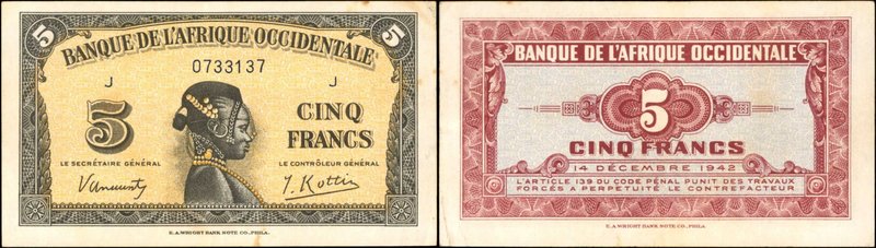 FRENCH WEST AFRICA. Banque de l'Afrique Occidentale. 5 Francs, 1942. P-28a. Very...