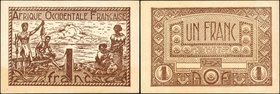 FRENCH WEST AFRICA. Afrique Occidentale Francaise. 1 Franc, ND (1944). P-34b. About Uncirculated.
Brown colored. Just some toning at the bottom porti...