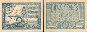 FRENCH WEST AFRICA. Afrique Occidentale Francaise. 2 Francs, ND (1944). P-35. Choice Very Fine.
A small size piece with deep blue inks on both side. ...