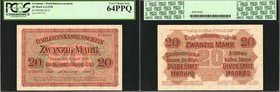 GERMANY. Darlehnskassenschein. 20 Mark, 1918. P-R131. PCGS Currency Very Choice New 64 PPQ.
Red and green undertones stand out on this near Gem WWI e...