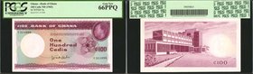 GHANA. Bank of Ghana. 100 Cedis, ND (1965). P-9a. PCGS Currency Gem New 66 PPQ.
A high grade example seen in a gem holder. Nice purple hues.
Estimat...