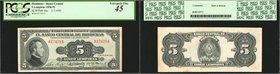 HONDURAS. Banco Central de Honduras. 5 Lempiras, 1950-51. P-46a. PCGS Currency Extremely Fine 45.
Ruby red serial numbers. Portrait vignette of Moraz...