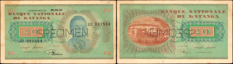 KATANGA. Banque Nationale du Katanga. 20 Francs, 1960. P-6s. Specimen. Very Fine...