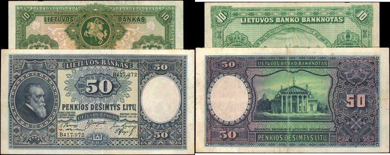 LITHUANIA. Lietuvos Bankas. 10 & 50 Litu, 1927-28. P-23a & 24a. Very Fine.
2 pi...