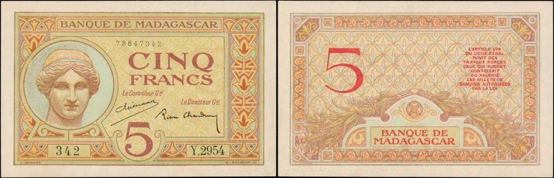 MADAGASCAR. Banque de Madagascar. 5 Francs, ND (1937). Pinhole. P-35(2). About U...