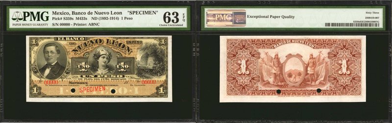 MEXICO. Banco De Nuevo Leon. 1 Peso, ND (1892-1914). P-S359s. Specimen. PMG Choi...