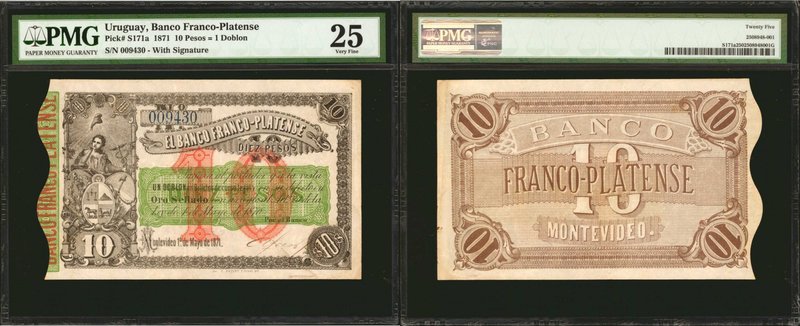 URUGUAY. Banco Franco-Platense. 10 Pesos, 1871. P-S171a. PMG Very Fine 25.
An o...