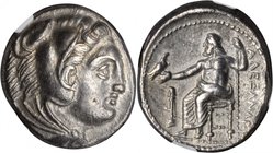 MACEDON. Kingdom of Macedon. Alexander III (the Great), 336-323 B.C. AR Tetradrachm, Macedonia Mint. NGC AU.
Pr-78. Obverse: Head of Heracles facing ...