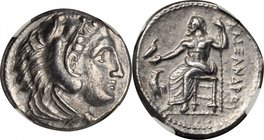 MACEDON. Kingdom of Macedon. Alexander III (the Great), 336-323 B.C. AR Tetradrachm, Macedonia Mint. NGC AU.
Pr-79b; Muller-392. Obverse: Head of Her...