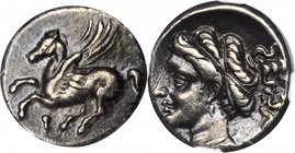 CORINTHIA. Corinth. AR Drachm (2.49 gms), c.350-280-BC. NGC EF 40, Strike: 4/5 Surface: 4/5.
Pegasus flying left, koppa below; Reverse: Head of Aphro...