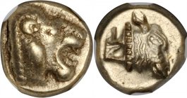 LESBOS. Mytilene. EL Hekte (2.52 gms), ca. 521-478 B.C. NGC EF, Strike: 4/5 Surface: 4/5.
Bodenstedt-13. Obverse: Head of lion facing right; Reverse:...