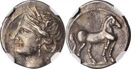 ZEUGITANA. Carthage. AR 1/4 Shekel (1.88 gms), Italian Mint, ca. 216-211 B.C. NGC EF, Strike: 4/5 Surface: 4/5.
SNG Cop-335. Obverse: Head of Tanit f...
