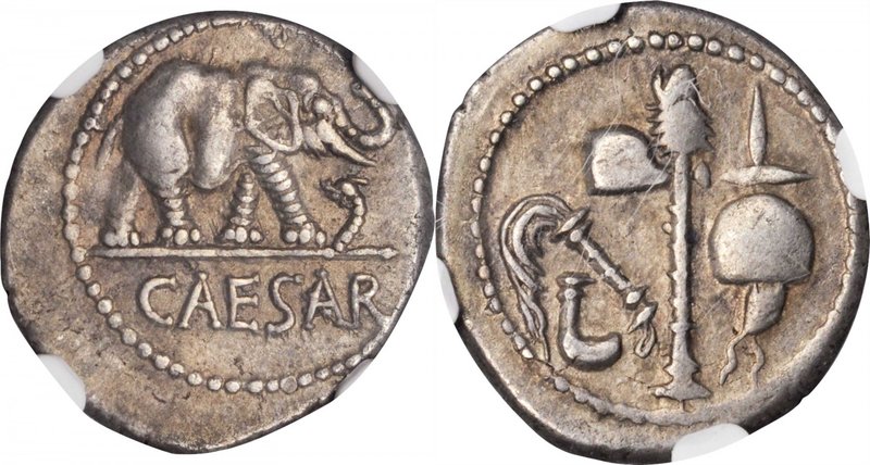 JULIUS CAESAR. AR Denarius (3.88 gms), Military Mint in Italy, ca. 49-48 B.C. NG...