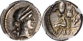 JULIUS CAESAR. AR Denarius (3.89 gms), Spanish Mint, ca. 46-45 B.C. NGC EF, Strike: 4/5 Surface: 4/5. Punch Mark.
Cr-468/1; S-1404; Syd-1014. Obverse...