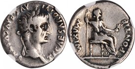 TIBERIUS, A.D. 14-37. AR Denarius, Lugdunum Mint. NGC FINE.
RIC-30. Obverse: Laureate head of Tiberius facing right; Reverse: Female figure (Livia as...