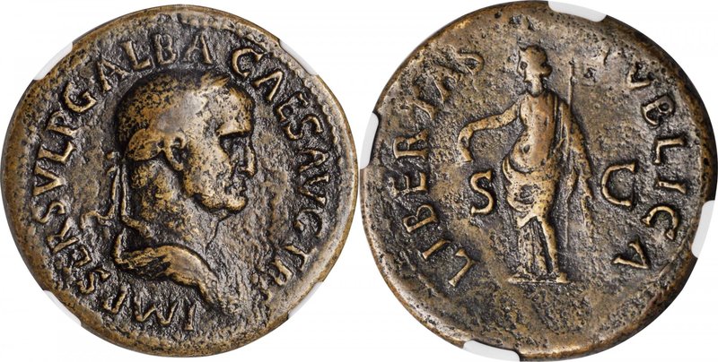 GALBA, A.D. 68-69. AE Sestertius (26.27 gms), Rome Mint, A.D. 68. NGC Ch F, Stri...