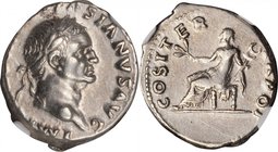 VESPASIAN, A.D. 69-79. AR Denarius (3.50 gms), Rome Mint, A.D. 70. NGC Ch EF, Strike: 4/5 Surface: 4/5. Fine Style.
S-2285. Obverse: Laureate head of...