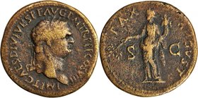 TITUS, A.D. 79-81. AE Sestertius (25.07 gms), Thrace Mint, ca. A.D. 80-81. NEARLY EXTREMELY FINE.
RIC-498. Obverse: Laureate head of Titus facing rig...
