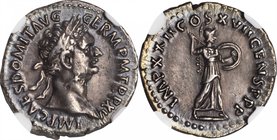 DOMITIAN, A.D. 81-96. AR Denarius, Rome Mint, A.D. 95-96. NGC Ch EF. Marks.
RIC-787. Obverse: Laureate head of Domitian facing right; Reverse: Minerv...