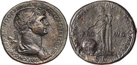 TRAJAN, A.D. 98-117. AE Sestertius (29.00 gms). VERY FINE.
RIC-661 (S). Obverse: Laureate and draped bust of Trajan facing right; Reverse: Providenti...