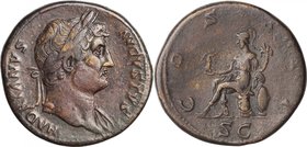 HADRIAN, A.D. 117-138. AE Sestertius (24.49 gms). VERY FINE.
RIC-636. Obverse: Laureate bust of Hadrian facing right; Reverse: Roma seated left, hold...