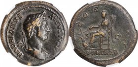 HADRIAN, A.D. 117-138. AE Dupondius (14.26 gms), Rome Mint, A.D. 132-134. NGC Ch VF, Strike: 4/5 Surface: 4/5.
RIC-723 var. Obverse: Laureate and dra...