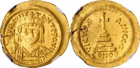 TIBERIUS II, 578-582. AV Solidus (4.35 gms), Constantinople Mint, 9th Officina. NGC AU, Strike: 3/5 Surface: 3/5. Light Graffiti.
S-422. Obverse: Cro...