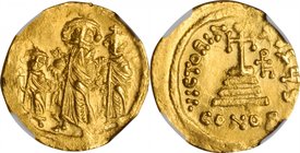 HERACLIUS, 610-641. AV Solidus, Constantinople Mint, 6th Officinae. NGC AU.
S-758. Obverse: Heraclius (center), Heraclius Constantine (right), and He...