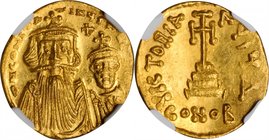 CONSTANS II, 641-668. AV Solidus (4.45 gms), Constantinople Mint, 4th Officina. NGC MS, Strike: 4/5 Surface: 4/5.
S-959. Obverse: Facing busts of Con...