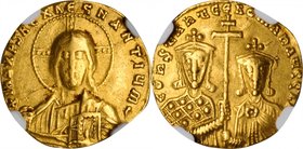 CONSTANTINE VII, 913-959. AV Solidus (4.46 gms), Constantinople Mint, ca. A.D. 945-963. NGC Ch VF, Strike: 4/5 Surface: 3/5. Edge Marks.
S-1751. Obve...