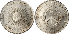 ARGENTINA. 8 Reales, 1813-PTS J. Potosi Mint. PCGS AU-55 Gold Shield.
KM-5; CJ-4.1.11 (R-4). The first date of Argentine coinage and incredibly popul...