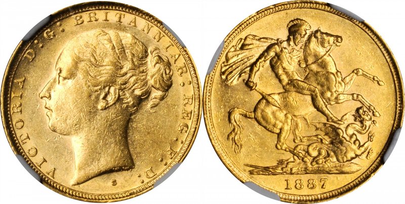 AUSTRALIA. Sovereign, 1887-S. Sydney Mint. Victoria. NGC AU-58.
Fr-15; KM-7. Yo...