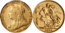 AUSTRALIA. Sovereign, 1899-P. Perth Mint. Victoria. PCGS EF-40 Gold Shield.
S-3876; Fr-25; KM-13. An ideal selection for the type collector or gold i...