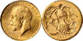 AUSTRALIA. Sovereign, 1917-P. Perth Mint. George V. PCGS MS-63 Gold Shield.
S-4001; Fr-40; KM-29. An attractively toned piece with light bagmarks con...